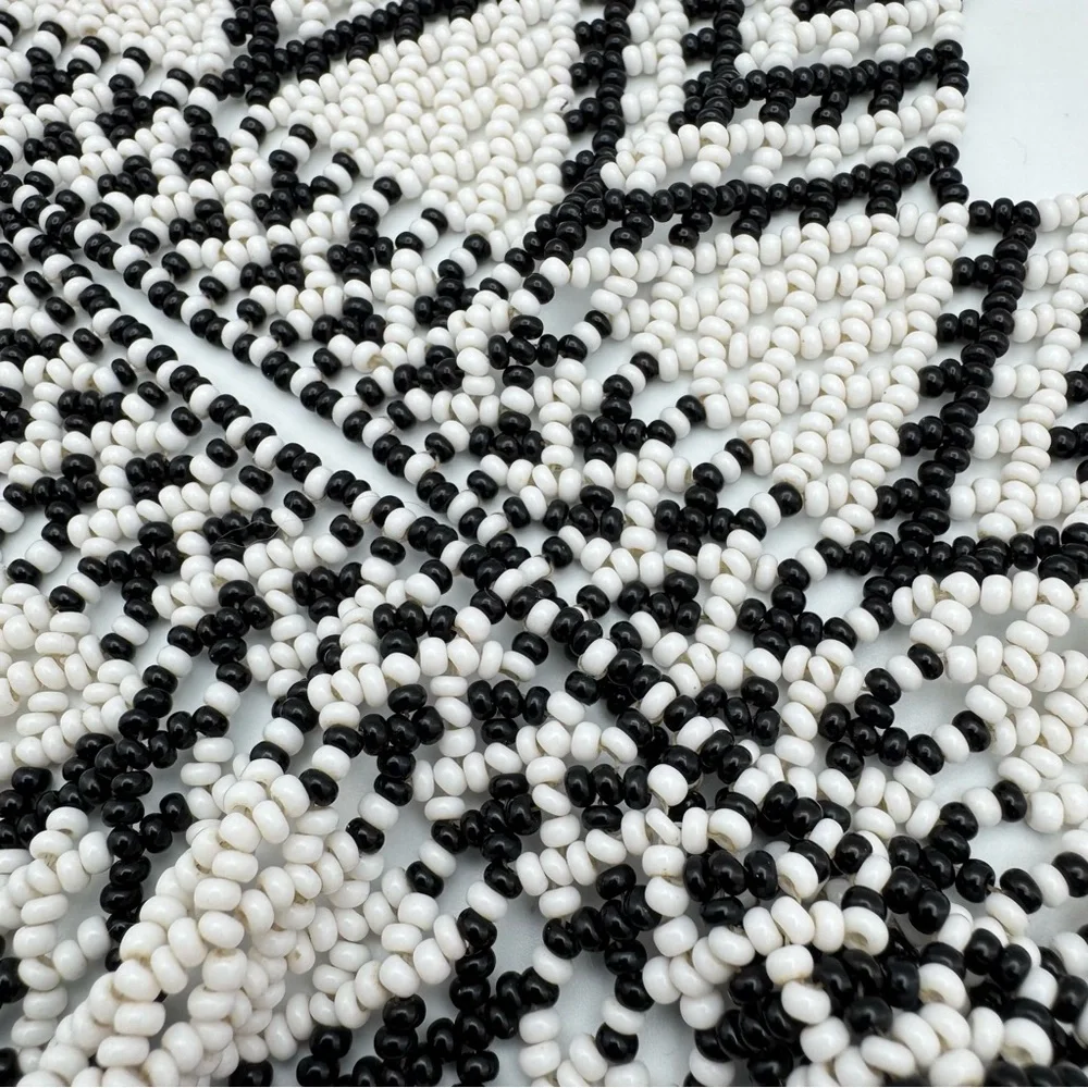 Hand Beaded Black & White Tribal Collar Necklace Statement Bib